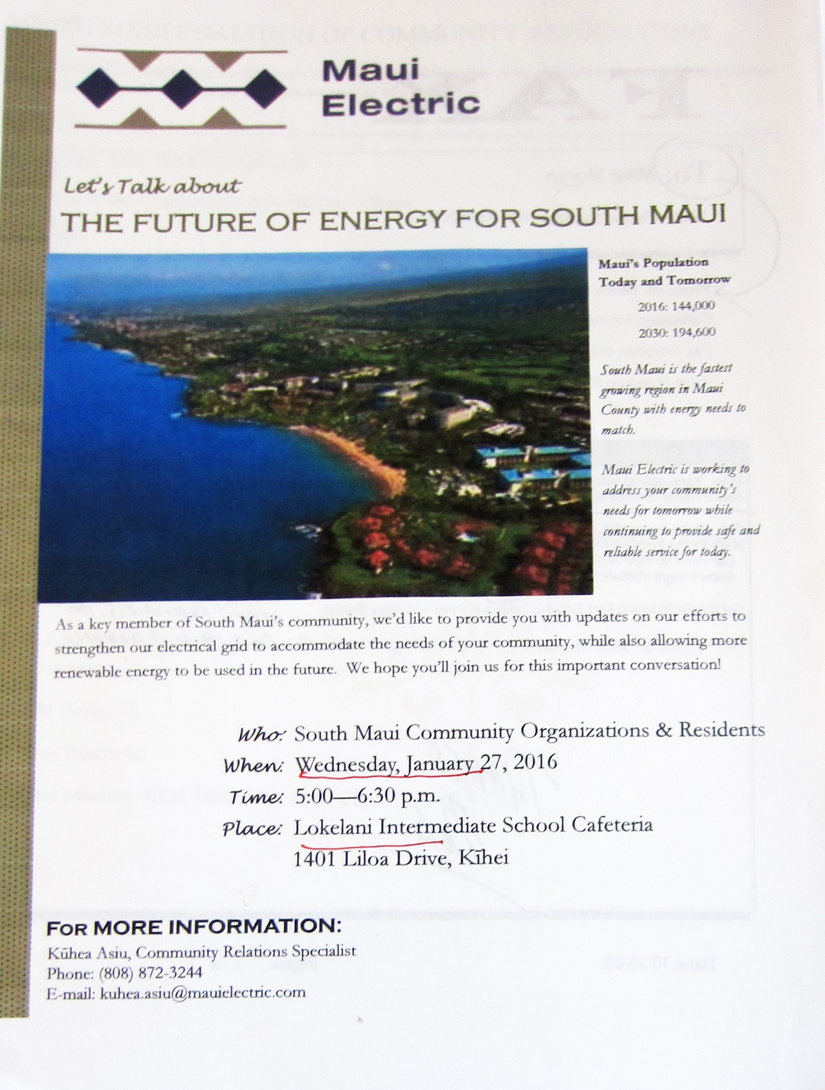 MECO Public Meeting in South Maui WED  1/27